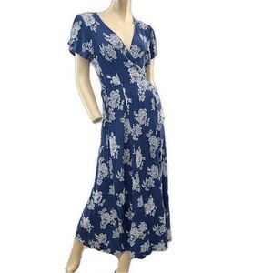Lulu's - Navy Floral Wrap V Neck Maxi Dress- M